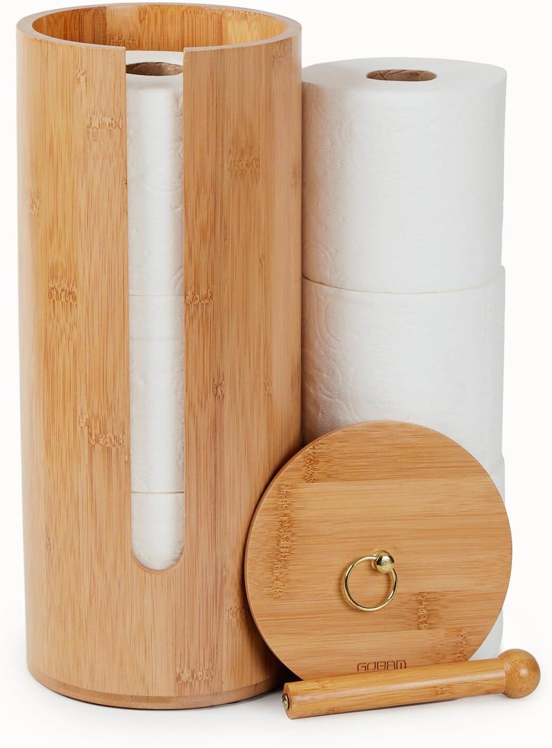 GOBAM Bamboo Toilet Paper Storage with Dual-Use Lid, Freestanding Bathroom Tissue Organizer with Viewing Slot, Built-In Handle, Anti-Slip Base, Compact Toilet Paper Holder Stand for up to 3 Mega Rolls - Image 1